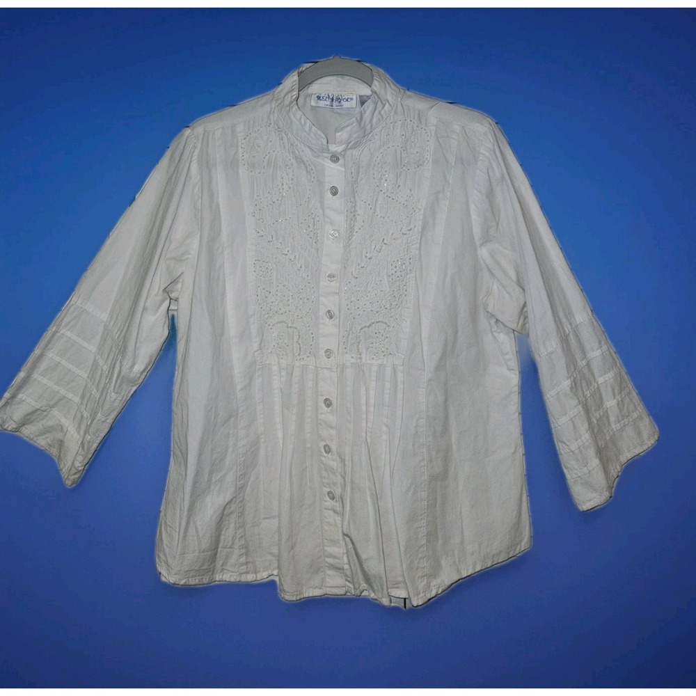 Bleu Bayou Womens Sz Xlg Top Boho Beaded Button Up Nehru‎ Collar White & Sparkly